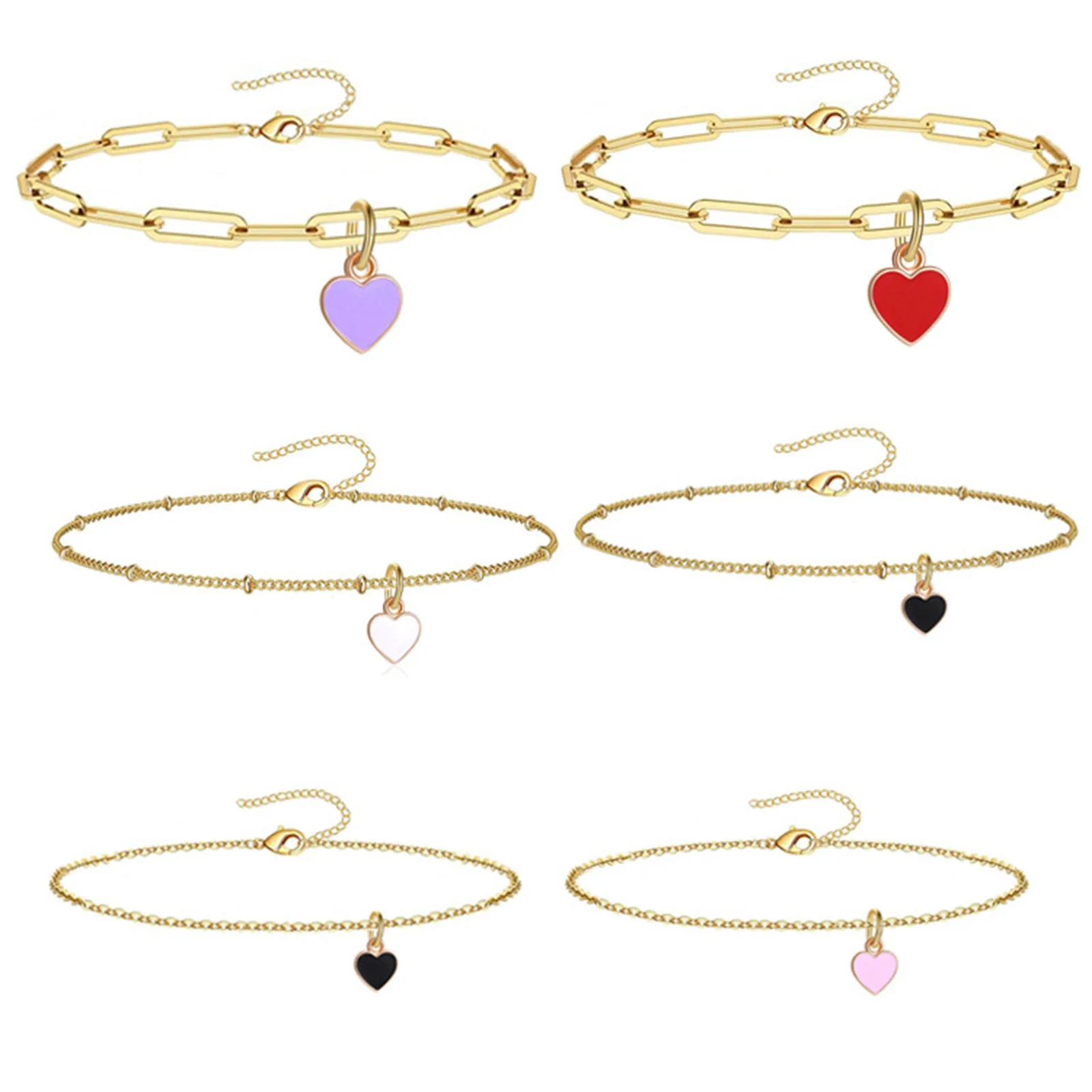 

Stainless Steel Anklet Gold Color Link Chain Enamel Heart Valentine's Day Jewelry Summer Beach On Foot Ankle Bracelet 21cm long