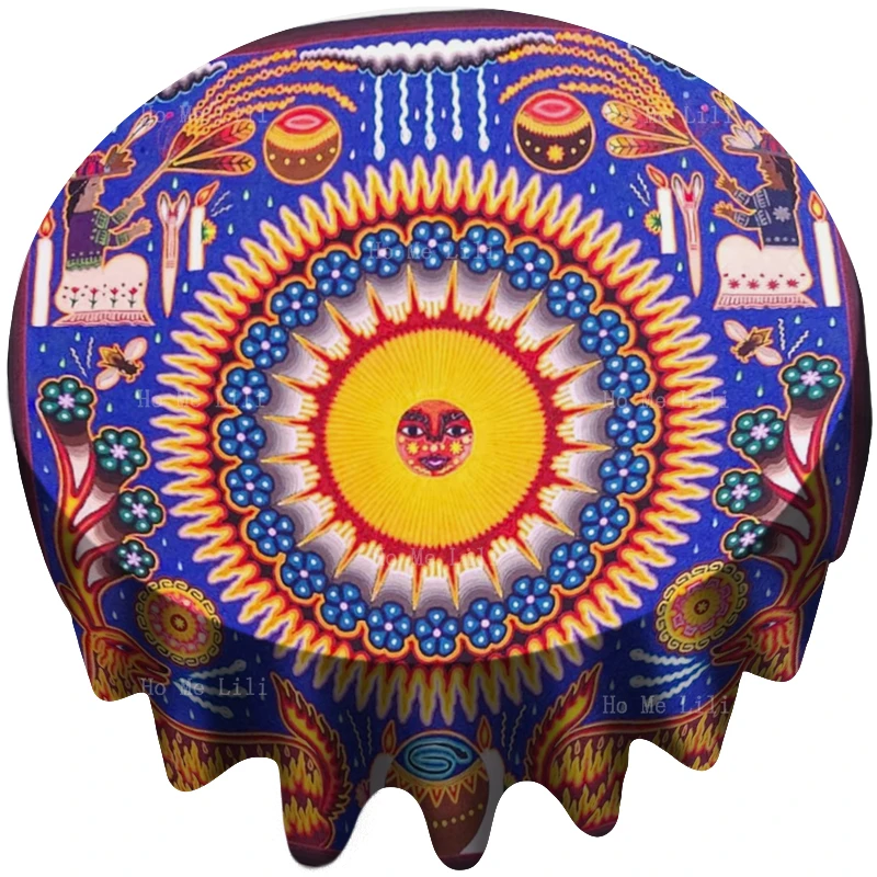 Huichol, индийская пряжа, картина, мексиканское народное искусство, олень, этническая родовая торжественная церемония, солнце, Бог, полиэстер, круглая скатерть 
Huichol, индийская пряжа, картина, мексиканское народное искусство, олень, этническая родовая торжественная церемония, солнце, Бог, полиэстер, круглая скатерть