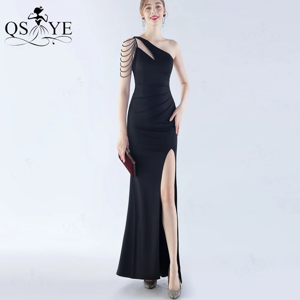 

Black Evening Dresses Beaded Strings One Shoulder Long Prom Gown Sexy Open Split Elastic Plain Women Party Formal Dress Chic