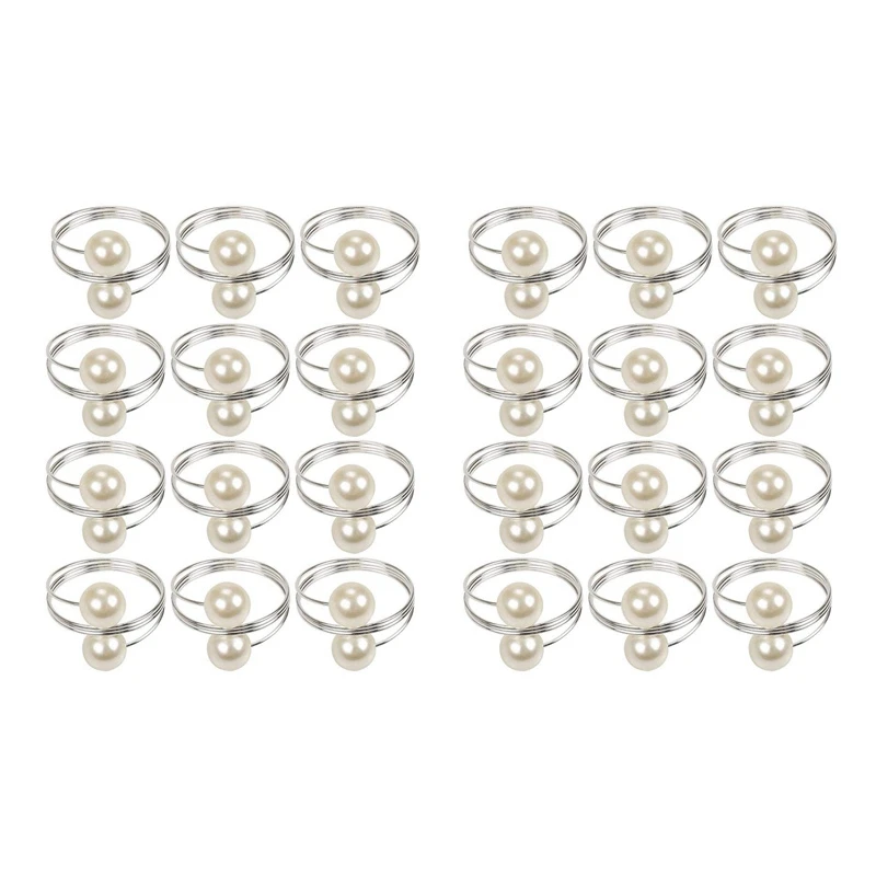 

24 Pcs Pearl Napkin Buckle Hoop Napkin Rings Circle Serviette Holder For Wedding Hotel Supplies Table Decoration,Silver