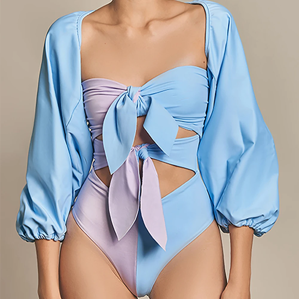 

Blue Bandeau Colorblock Detachable Sleeve One-Piece Swimsuit Long Sleeve Summer Beach Solid Push Up Micro Swimwear For Girls