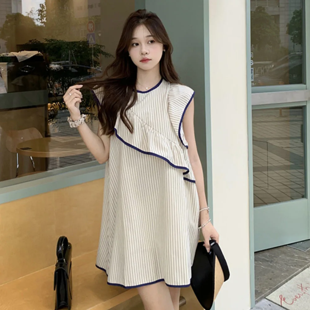 

Korean Striped Flying Sleeve Dresses Women Irregular Ruffles Mini Dress Sweet Girl Preppy Style Casual Fashion Summer Vestidos