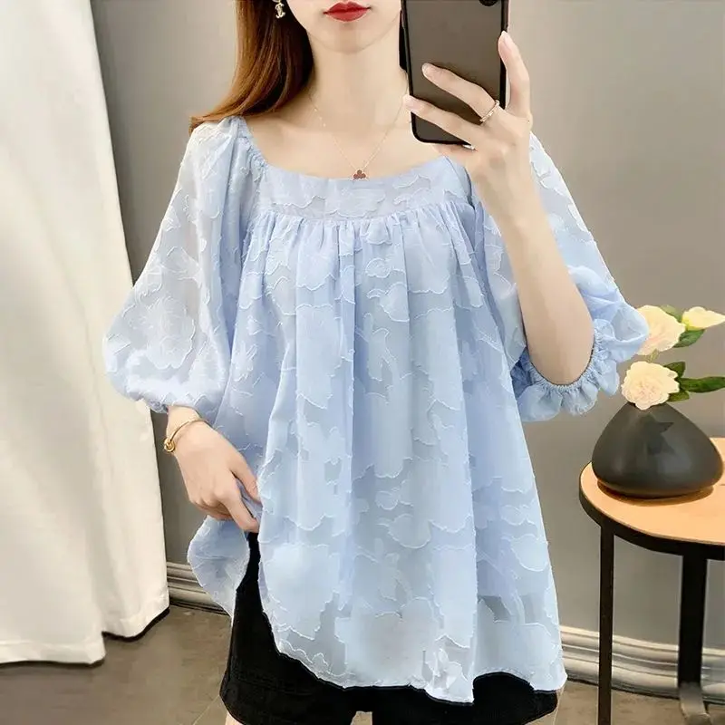 

Sweet Puff Sleeve Loose Blouse Elegant Square Collar Basic Summer Fashion Jacquard Weave Female Clothing Korean Commute Shirt