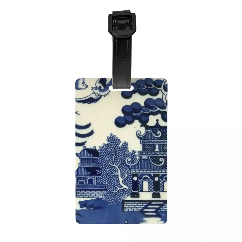 

Antique Willow Ware Oriental Toile Luggage Tags for Suitcases Blue Delft Chinoiserie Pagoda Privacy Cover ID Label