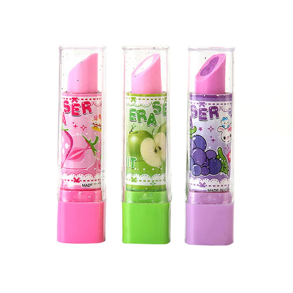 

10pcs Lipstick Shape Eraser Creative Stationery Fruit Pattern Pencil Eraser Creative Gift for Kids Students (Random Color)