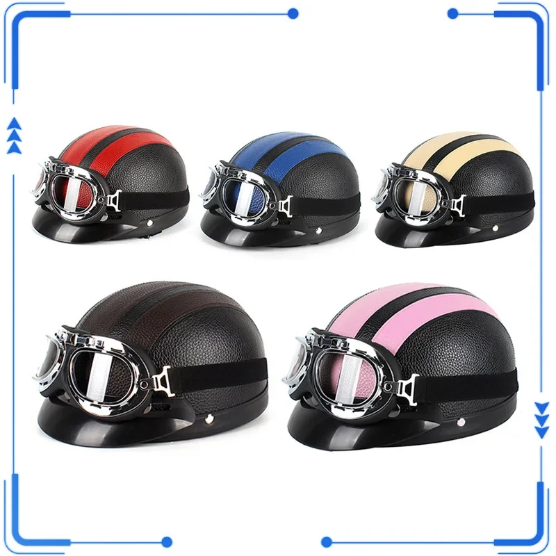

Мотоциклетный шлем для мужчин и женщин, классический кожаный винтажный шлем с открытым лицом, для скутера, электрического скутера, очки для шлема, Новинка