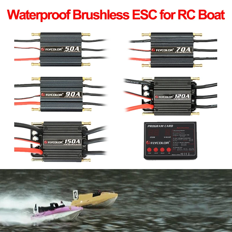 

Flycolor RC Boat Waterproof Brushless ESC 50A 70A 90A 120A 150A 2-6S Programme Card with BEC System Speed Controller 2-6S Lipo