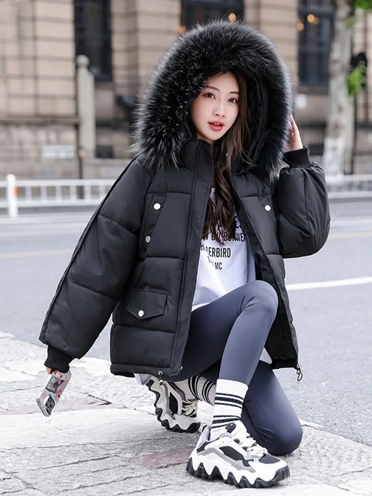 

2024 Winter Fur Collar Parkas Hooded Outwear Lady Loose Thicken Warm Bread Overcoat Down Cotton-padded Jacket Women Short Coat