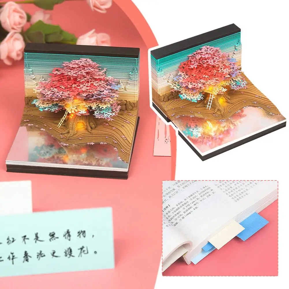 

3D Pink Cherry Tree With Light Memo Pad DIY Art Building Post Notepad Treehouse Creative Paper Notes Gift Carving Block R4X7