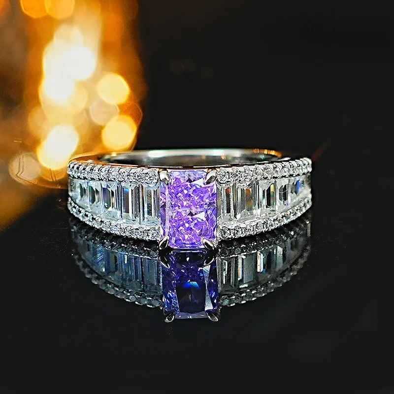 

Versatile Purple Ice Cut 925 Silver Ring Set, Paired with High Carbon Diamond Rectangular Minimalist Ring