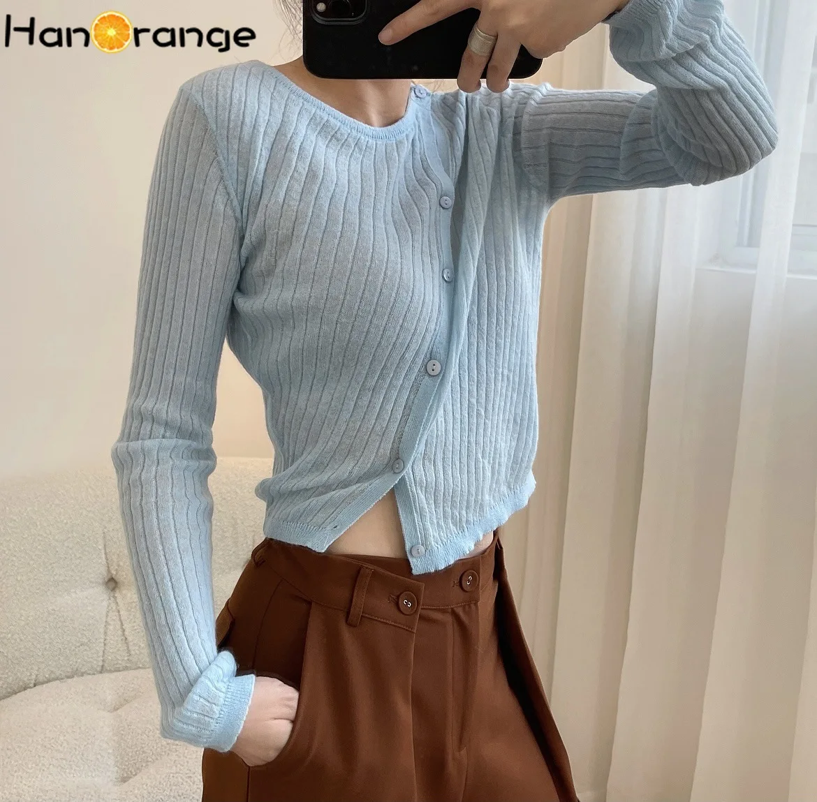 

HanOrange Autumn Winter Mohair Wool Knitted Cardigan Women Gentle Slanted Placket Slim Temperament Short Sweater Female