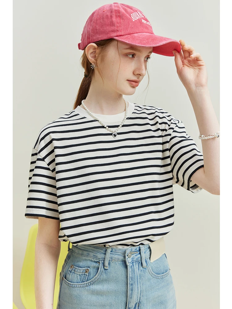 

FSLE Women Loose Drop Sleeve Stripe T-Shirts Round Neck Design Casual Women Knitted Summer Tees Summer Commuter Short Sleeves