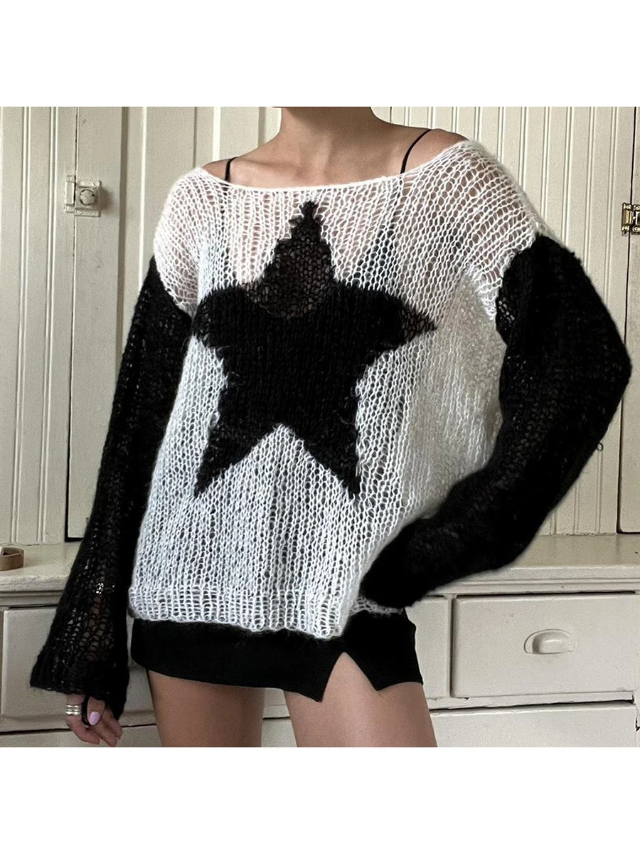 

Women Vintage Star Pattern Pullover Sweater Tops Long Sleeve Crew Neck Knitwear Casual Y2K 90s Streetwear