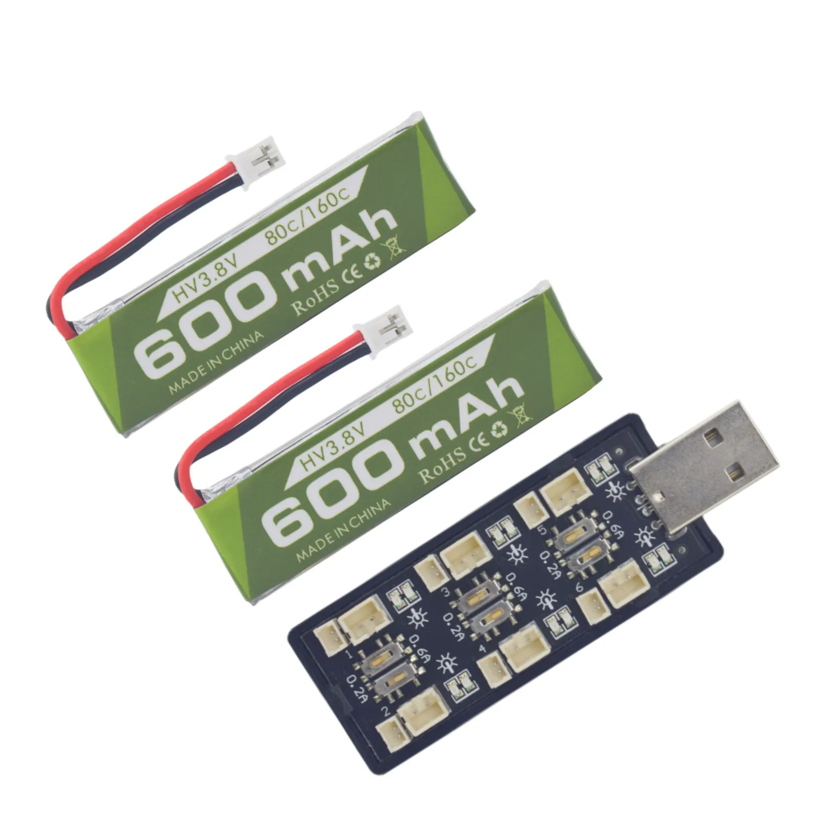 2PCS 1S 3.8V 80C 600mAh Lithium Battery With JST-PH 2.0 Plug+1S 6 Channel USB Charger For Cineahoop Tinyhawk Mini FPV Racing Car 
2PCS 1S 3.8V 80C 600mAh Lithium Battery With JST-PH 2.0 Plug+1S 6 Channel USB Charger For Cineahoop Tinyhawk Mini FPV Racing Car