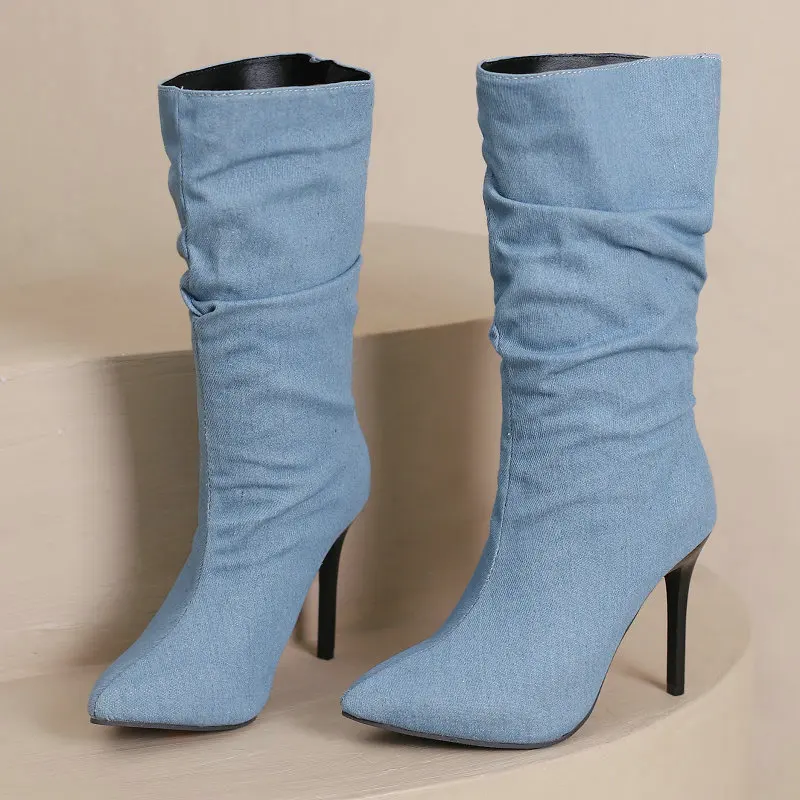 Denim Jeans Blue Black Pointed Toe Stiletto Winter High Heels Shoes Super Thin Heeled Mid-calf Pleated Boots Women Size 34-48
Denim Jeans Blue Black Pointed Toe Stiletto Winter High Heels Shoes Super Thin Heeled Mid-calf Pleated Boots Women Size 34-48