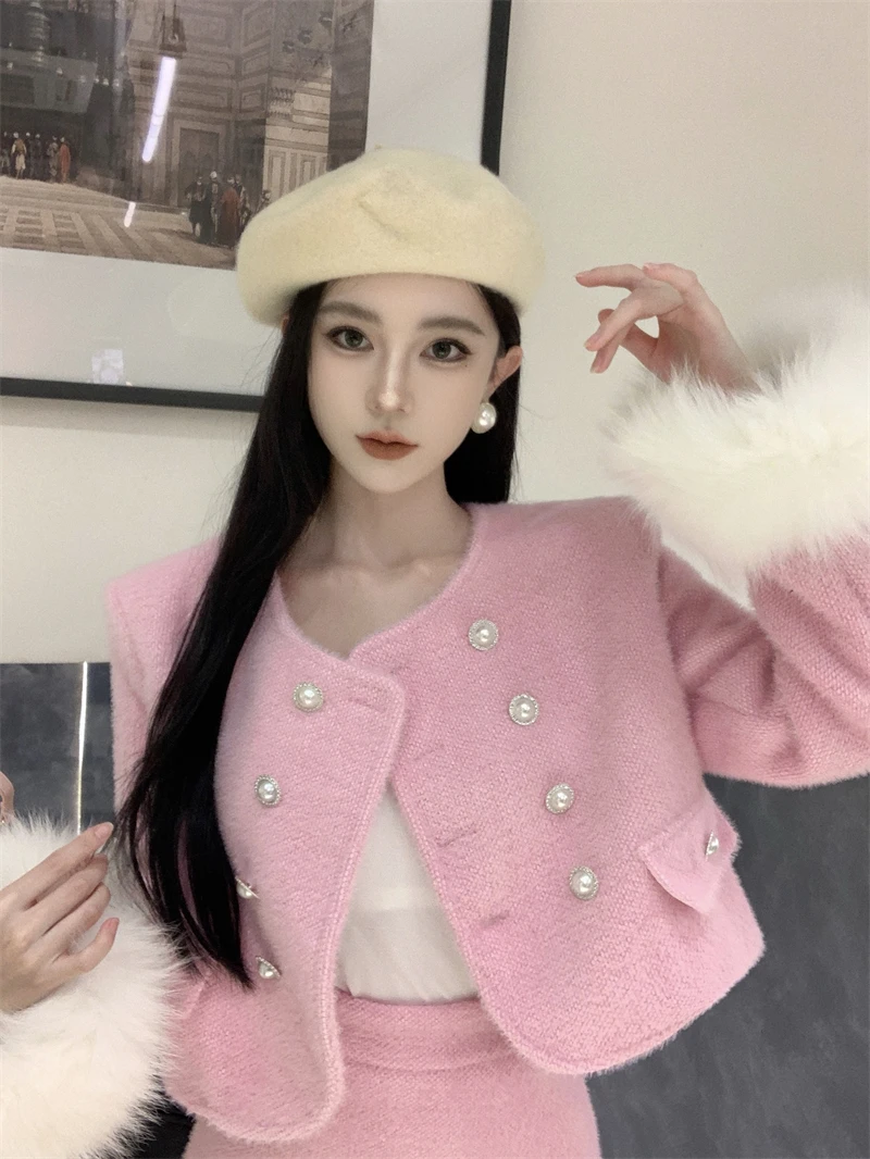 

Real Photo Petite Chic Style Detachable Fur Quilted Thickened Mohair Coat Half-body Skirt Western Style Suit High Quality New