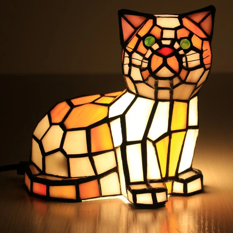 

Tiffany Cat Table Lamp Animal Night Light Fixtures Bedroom Bedside Study Living Room Home Decor Vintage Stained Glass Desk Lamps