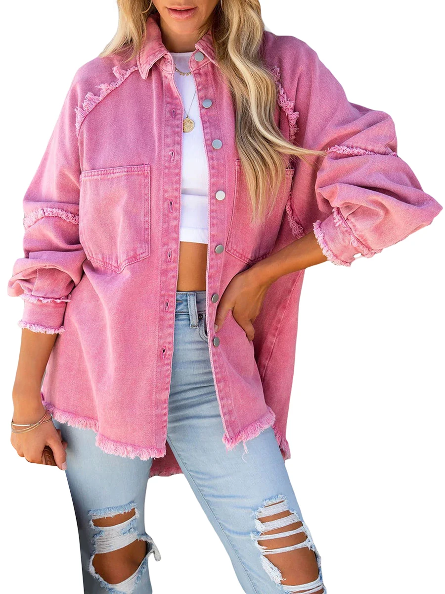 

Women s Vintage Acid Wash Denim Jacket Oversized Loose Fit Long Sleeve Button Down Jean Coat with Distressed Ripped Details and