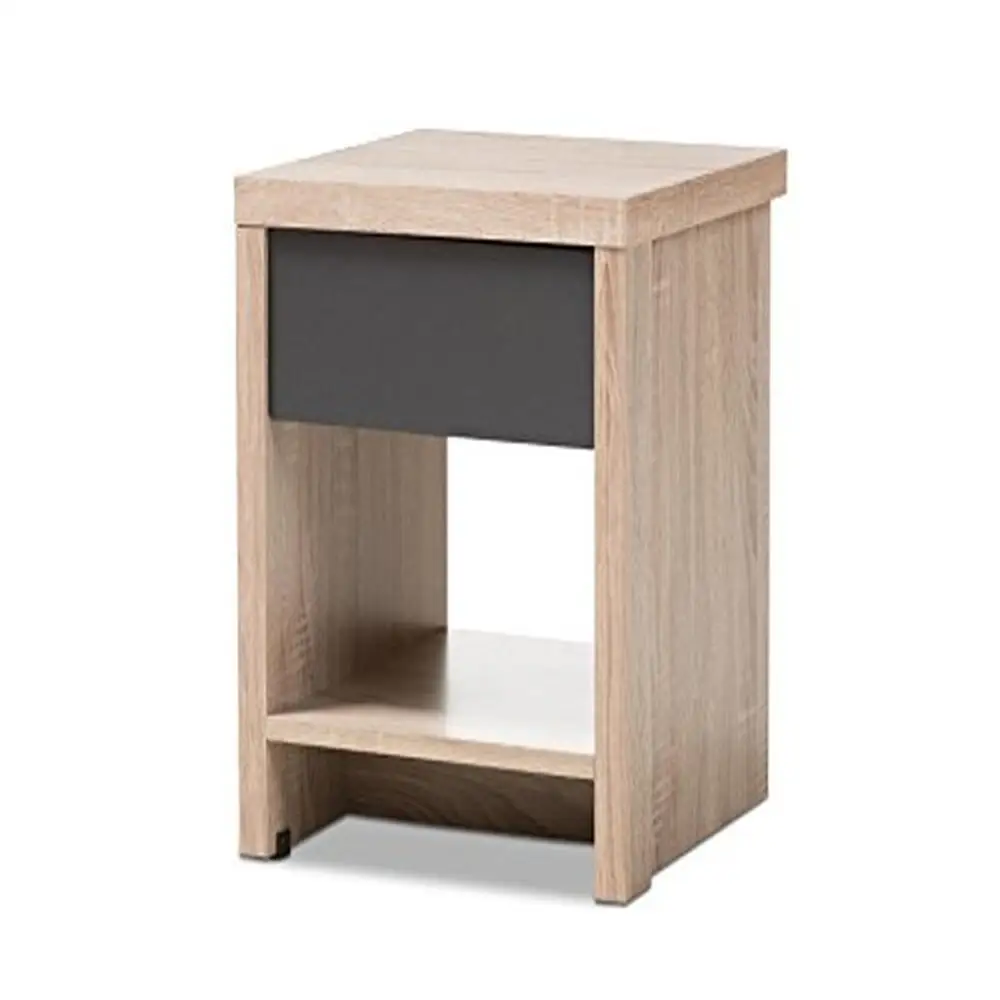 

Modern Grey Oak 1-Drawer Nightstand with Shelf Contemporary Two-Tone Wood Finish Rectangular Design 15.75" x 15.75" x 16.93"