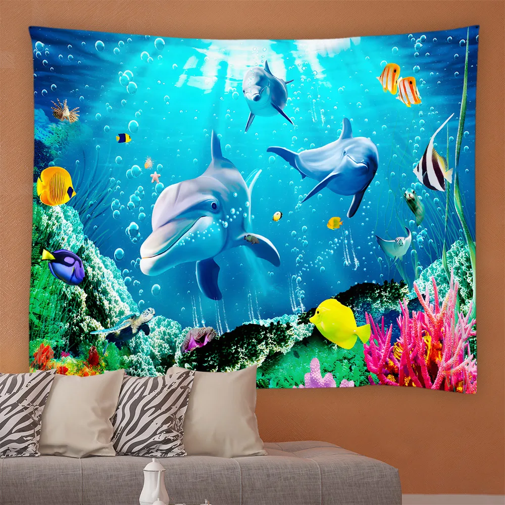 

Ocean Dolphin Tapestry Sea Turtles Tropical Fish Coral Underwater Scenery Children Home Wall Hanging Living Room Bed Dorm Decor