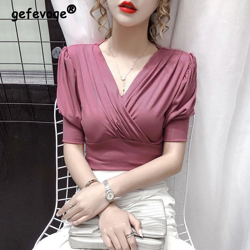 Women's Clothing 2023 Summer Ruched Slim Elegant Cotton Basic T-shirts Korean Fashion V Neck Short Sleeve Solid All Match Tops
Women's Clothing 2023 Summer Ruched Slim Elegant Cotton Basic T-shirts Korean Fashion V Neck Short Sleeve Solid All Match Tops