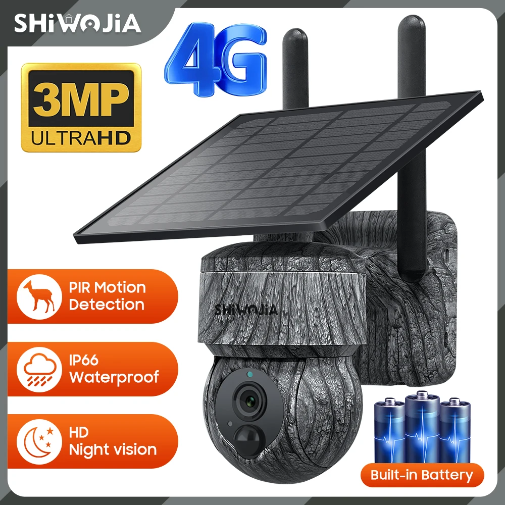 

SHIWOJIA 3MP 4G SIM Solar Camera WIFI Wireless Solar Battery Wildlife Camera PIR Human/Animal Detection Hunting Camera Security