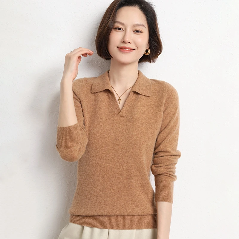 

POLO Collar Knitted Sweater Cashmere Blend Autumn and Winter New Solid Color Simple Inner Slimming and Age-reducing Top