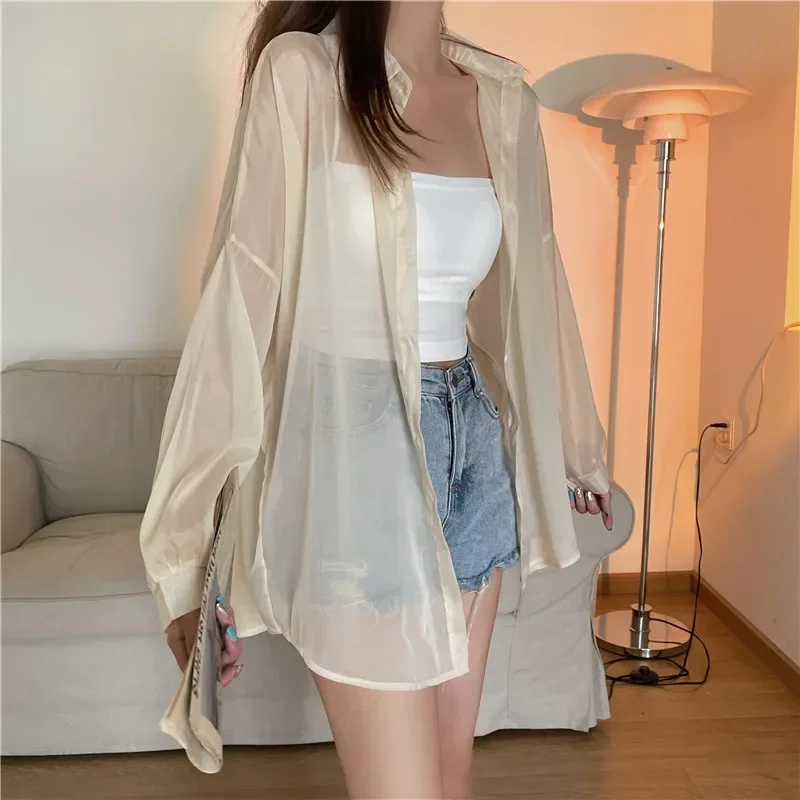 

Fashion Women Holiday Beach Shirts See Through Chiffon Blouse New Summer Tops Sun Protection Clothes Long Sleeve Blusas 22209