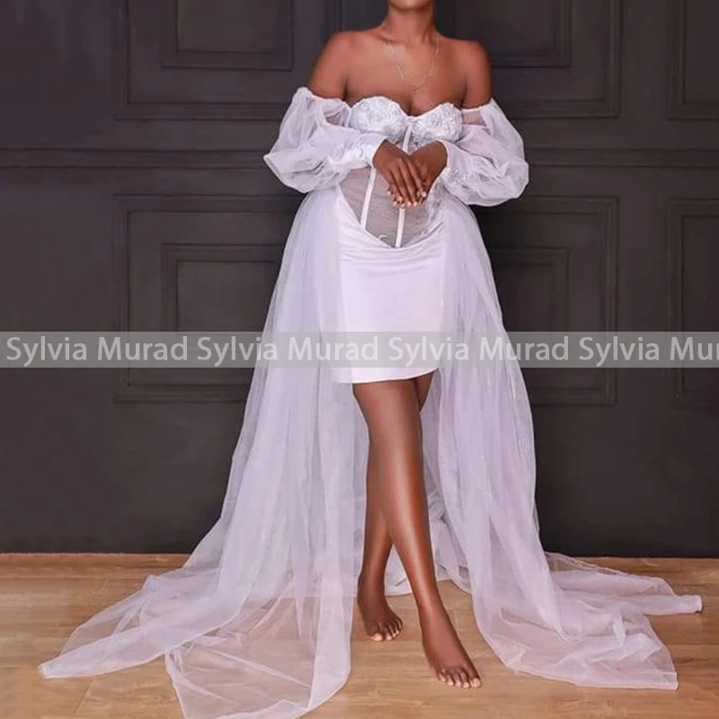 

High Low Sheath Wedding Dress With Sheer Long Sleeves Off Shoulder Waistline Cap Short Robes Shower Bridal Dresses