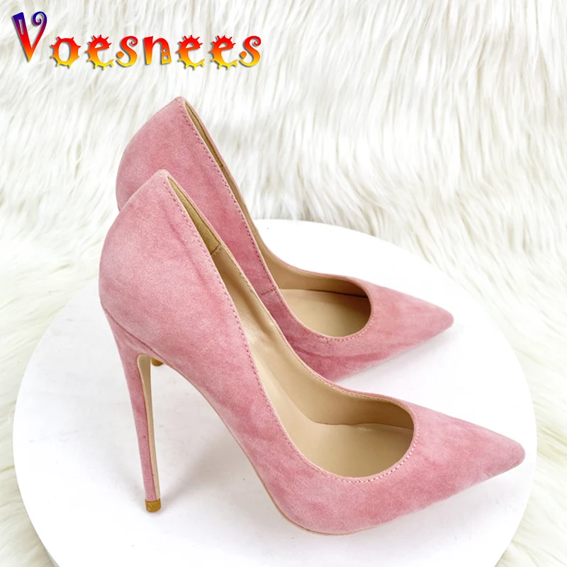 

Voesnees Pink Suede Shallow Mouth Stilettos Pumps 12CM Casual Pointed Toe Party High Heels Elegant Women's Office Single Shoes