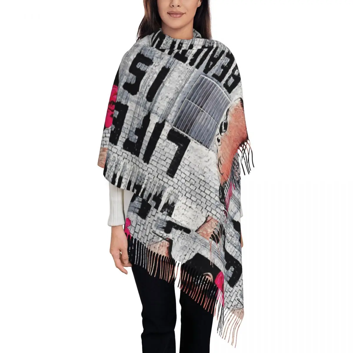 

Life Is Beautiful Banksy Graffiti Scarf for Women Winter Fall Cashmere Shawl Wrap Large Scarves with Tassel for Evening Dress