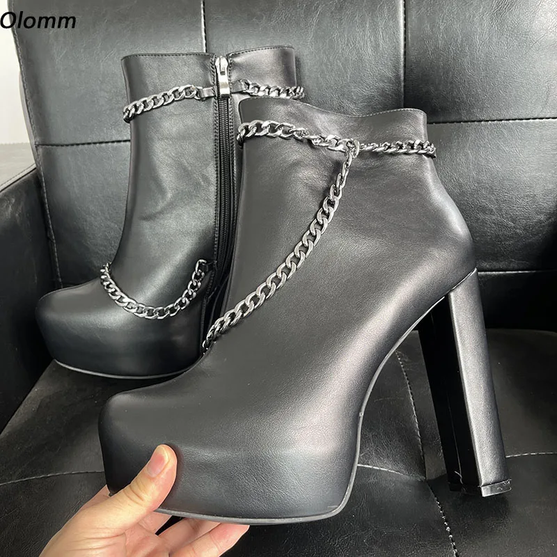 

Olomm Handmade Women Platform Winter Ankle Boots Sexy Chain Chunky Heels Round Toe Pretty Black Banquet Shoes Plus Size 5-20