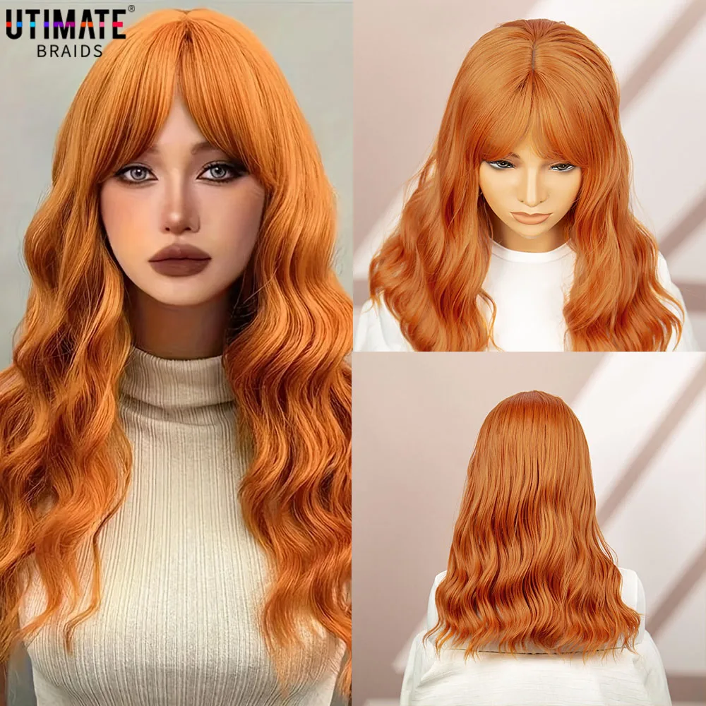 

Синтетические парики оранжевого цвета с челкой, женский парик с волнистыми волосами длиной 20 дюймов, парики с волнистыми волосами для косплея
