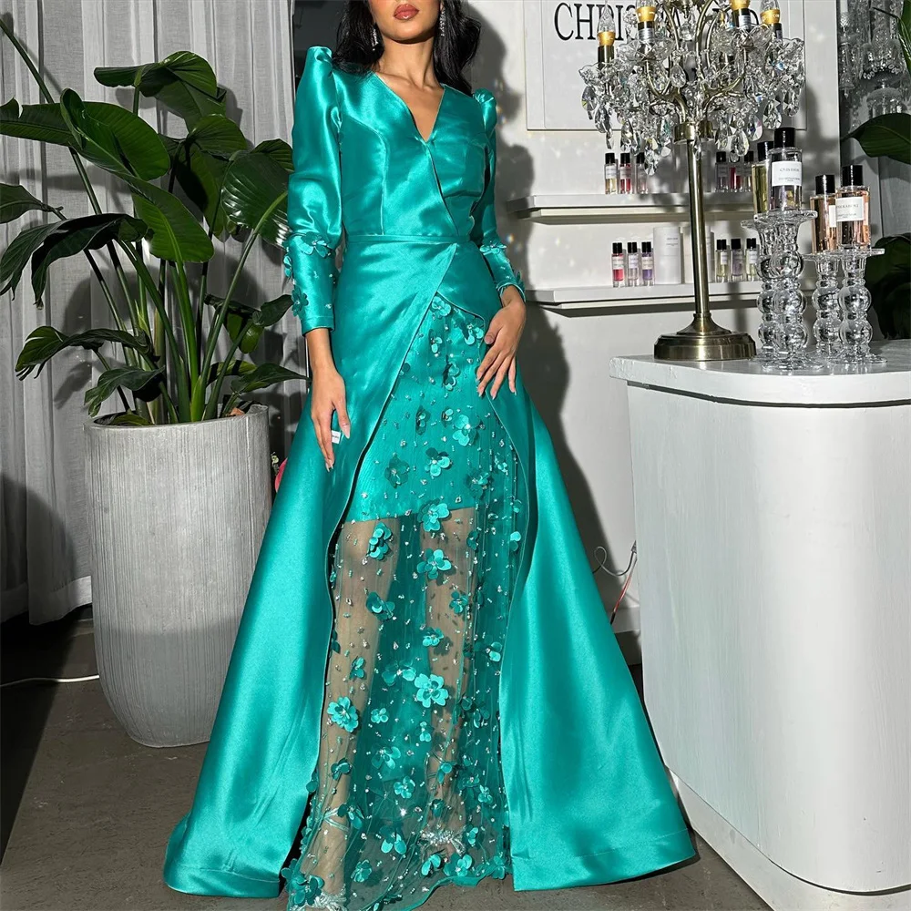 

A-lien Satin Patchwork V Neck Illusion Lace Evening Party Dresses Long Sleeve 3D Appliques Prom Gown فساتين سهرة فخمه