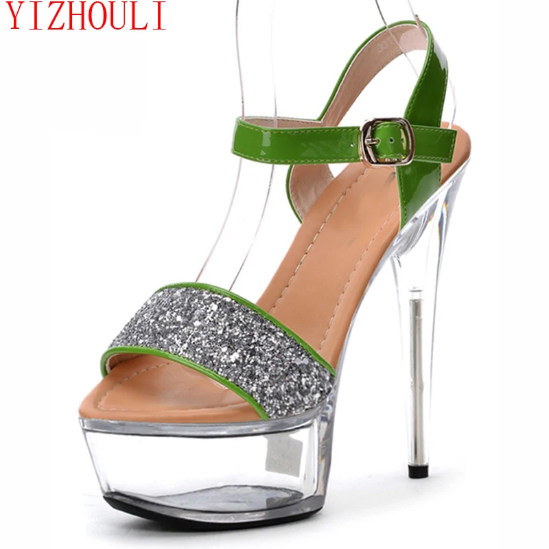 

Sexy Roman-style crystal sandals with 15cm chic shimmering heels and 6-inch chunky soles dance shoes