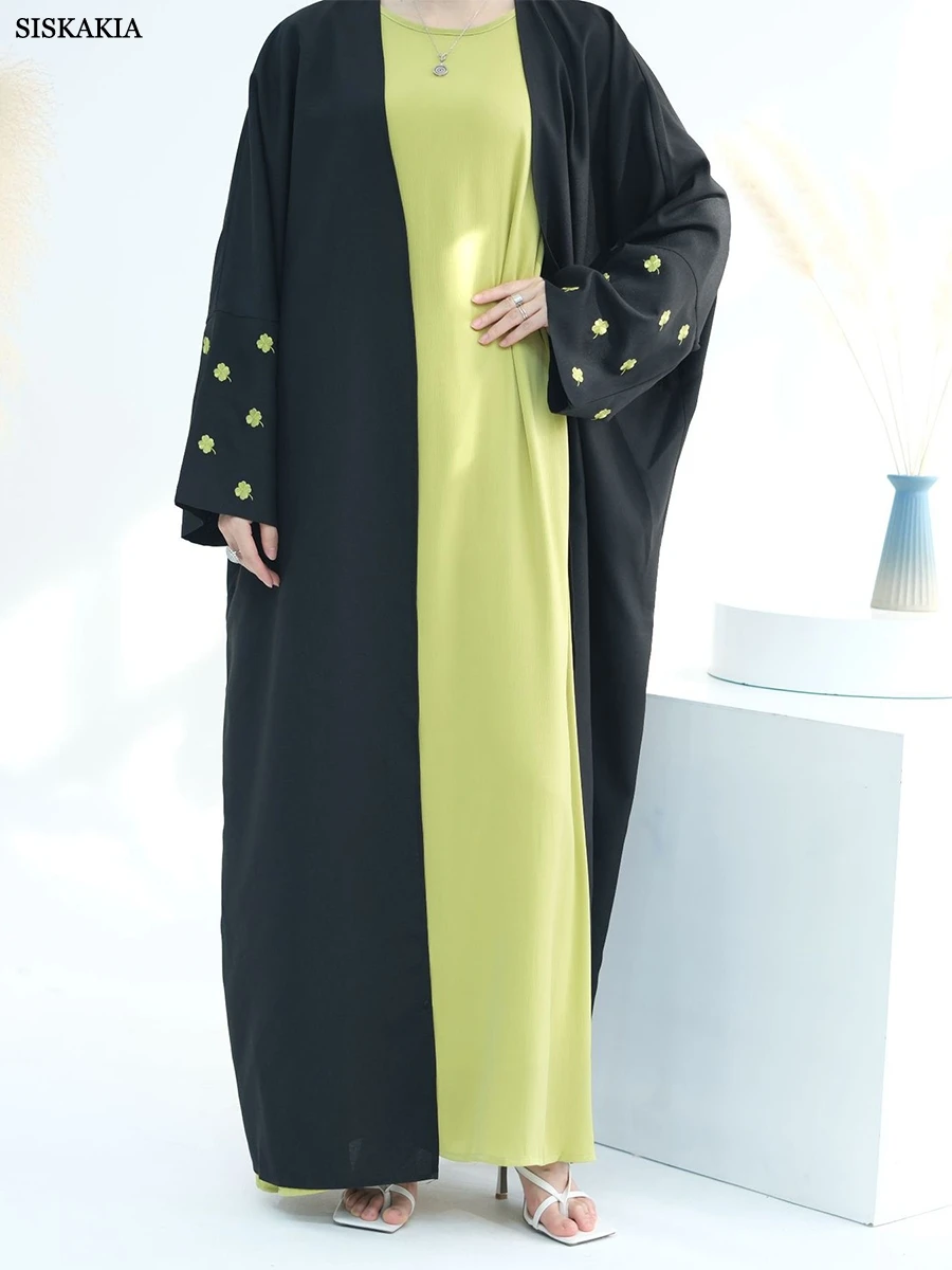 

Siskakia Ramadan Muslim Women Abayas Four Leaf Clover Embroidery Batwing Sleeve Casual Open Kimono Dubai Turkish Kaftan Eid