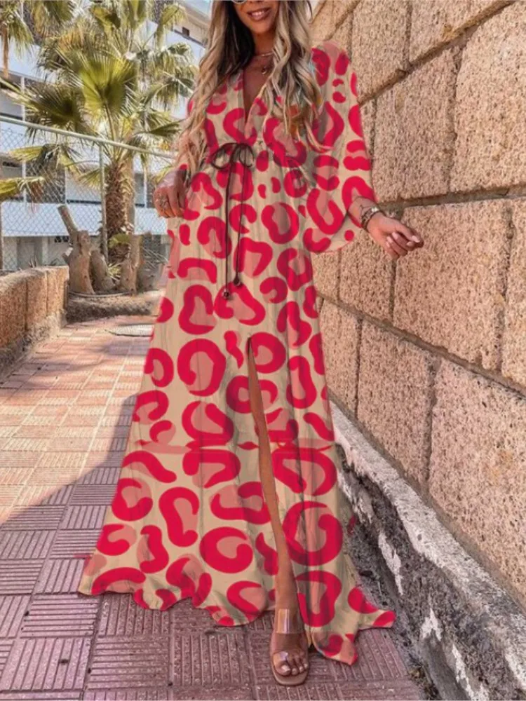 

2024 Spring Summer Printed Long Dresses For Women Fashion V-neck Bohemian Beach Slit Dress Casual Vacation Ladies Maxi Vestidos