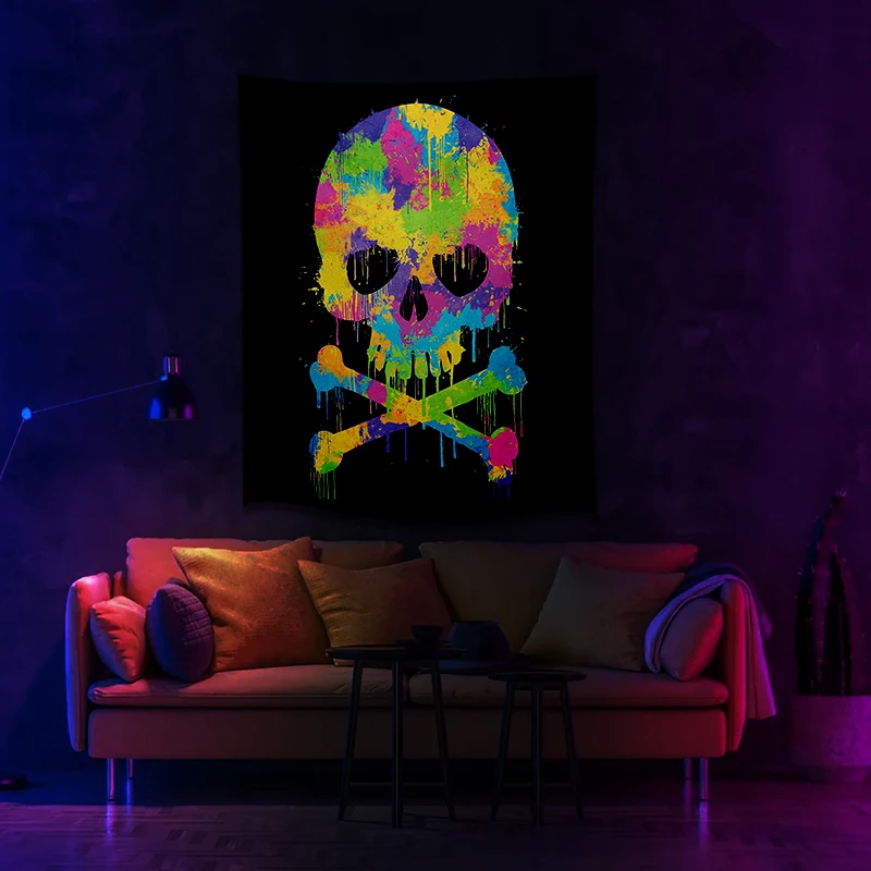 

Color Graffiti Skull Pattern Printed UV Fluorescent Tapestry For Wall Hanging Living Room Bedroom Independent Room Decoration