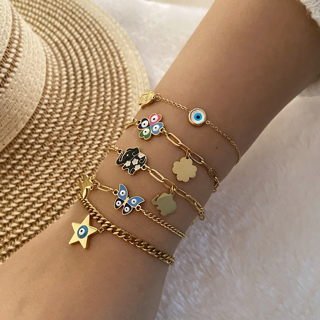 

316L Stainless Steel Eyes Butterfly Five pointed Star Charm Bracelet For Women New Trend Wrist Chain Jewelry Holiday Gift