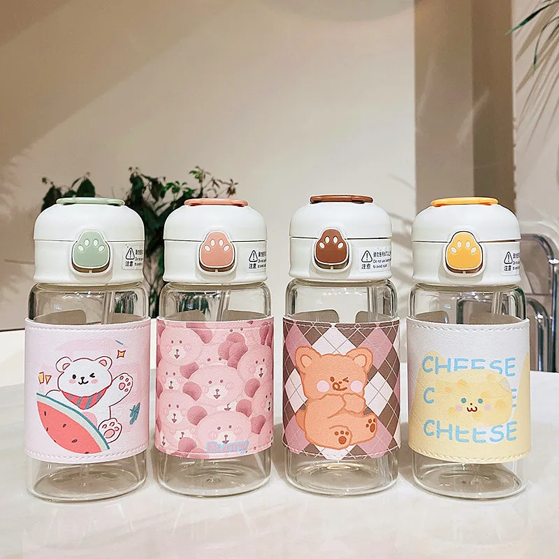 Kawaii Cartoon Glass Water Bottle with Straw 13oz Kawaii Cartoon Glass Water Bottle with Straw 13oz