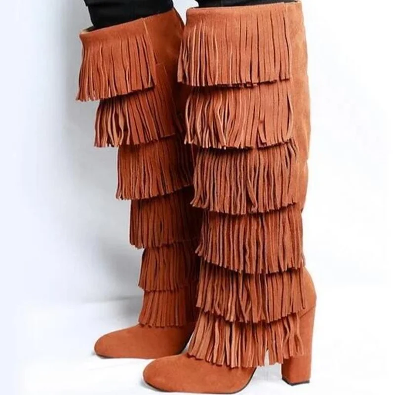 

Real Photo Brown Suede Fringe Over The Knee Thigh High Boot Round Toe Square Heels Tassel Women Winter Boots Chunky Heel Shoes