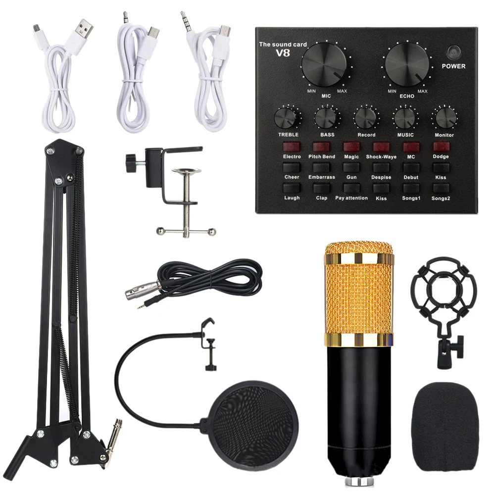 

BM800 Microphone Kit with V8 Sound Card Professional Microphone Studio Condenser Microphone for Computer(Gold)