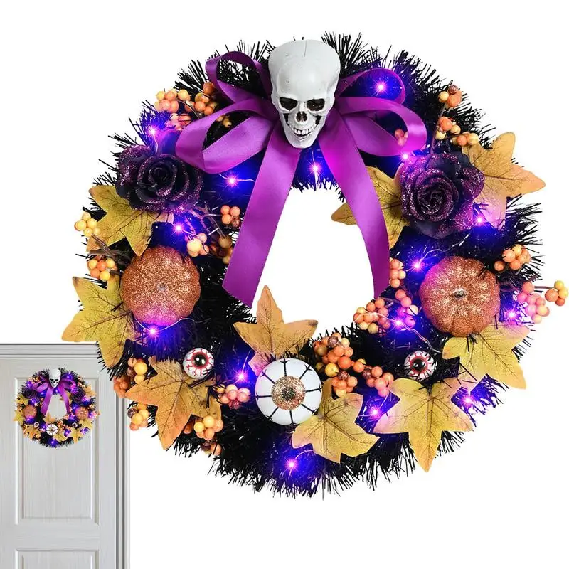 

Halloween Wreath for Front Door Skull Decoration 15 Inches Decorative Halloween Door Window Flower Garland Halloween Decoration