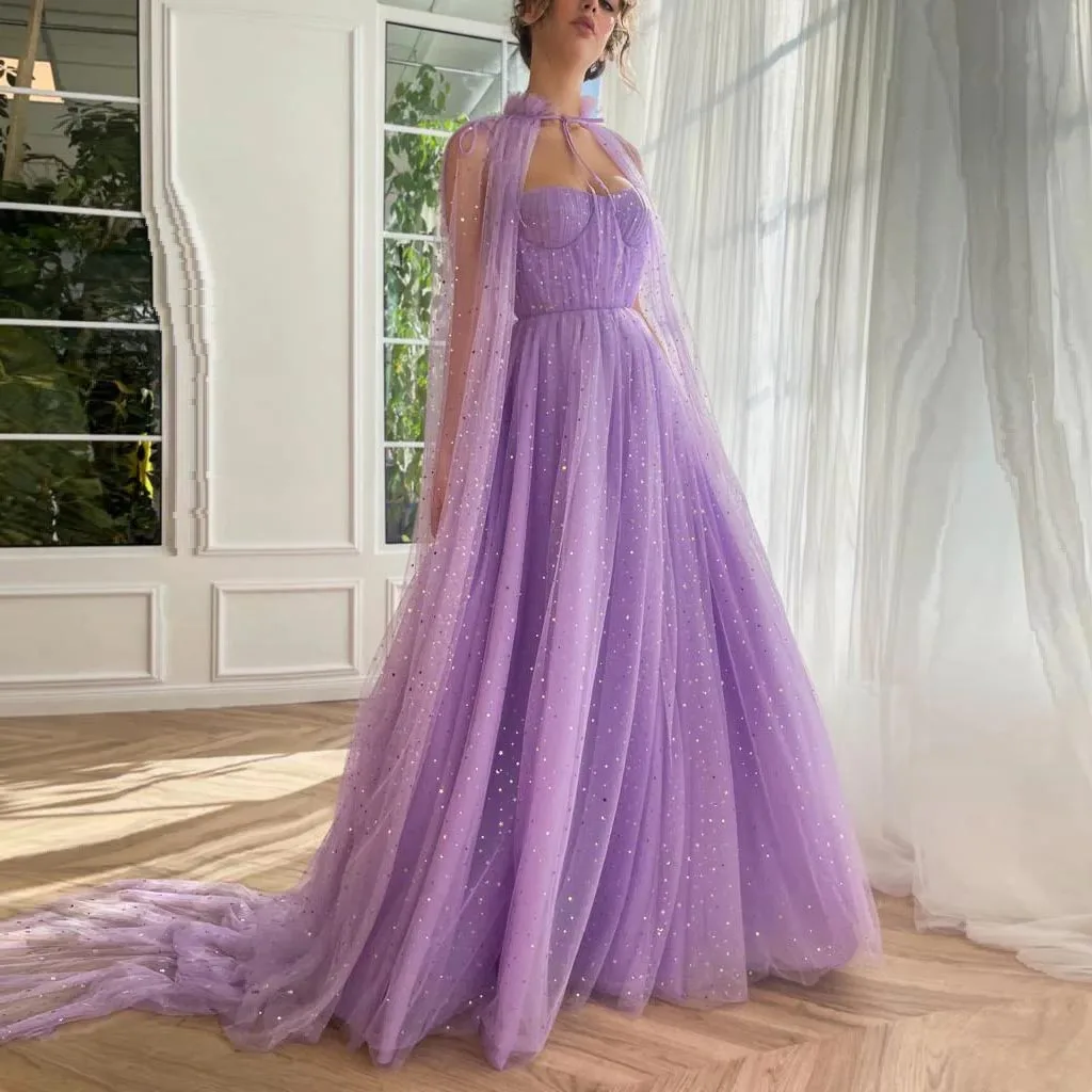 

Lilac Prom Dresses Sequined Long with Cape Evening Dress Strapless Sweetheart A Line Formal Party Gowns Special Occasion