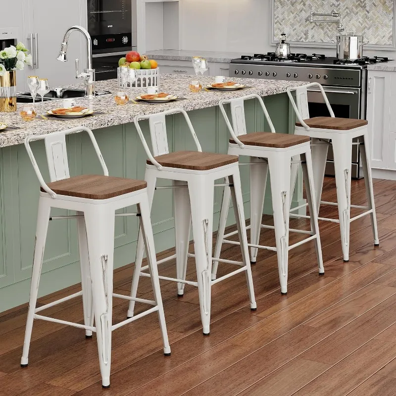 

30" Metal Bar Stools Set of 4 Counter Height Barstools Industrial Counter Stool Kitchen Bar Chairs with Modern Wooden Seat