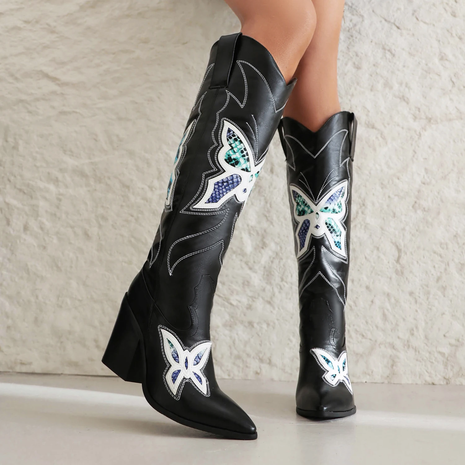 

Женские ковбойские ботинки с вышивкой в западном стиле, ретро яркий каблук, увеличенные и тонкие рыцарские ботинки, сексуальные женские ботинки