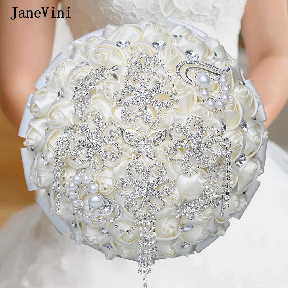 

JaneVini 2024 Luxury Rhinestone Jewelry Ivory Bridal Brooch Bouquets Artificial Satin Roses Bling Wedding Diamond Bouquet Flower