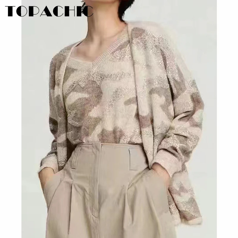 11.26 TOPACHIC Women's High Quality V-Neck Heavy Industry Sequins Drawstring Hem Mohair Knitted Cardigan Sweater
11.26 TOPACHIC Women's High Quality V-Neck Heavy Industry Sequins Drawstring Hem Mohair Knitted Cardigan Sweater