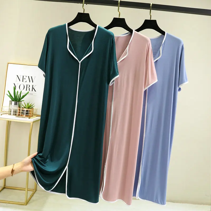 

Fdfklak Modal Summer Short Sleeve Nightgown Womens Nightdress L-XXL Loose V-Neck Nighties Home Clothes Female Solid Color