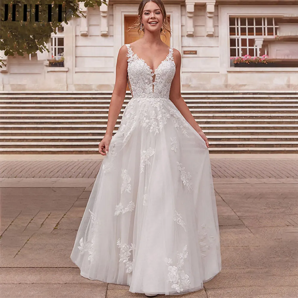 

JEHETH Beach V-Neck A-Line Wedding Dress Charming Sleeveless Backless Bridal Gowns Lace Appliques Vestidos De Novia Custome 2024